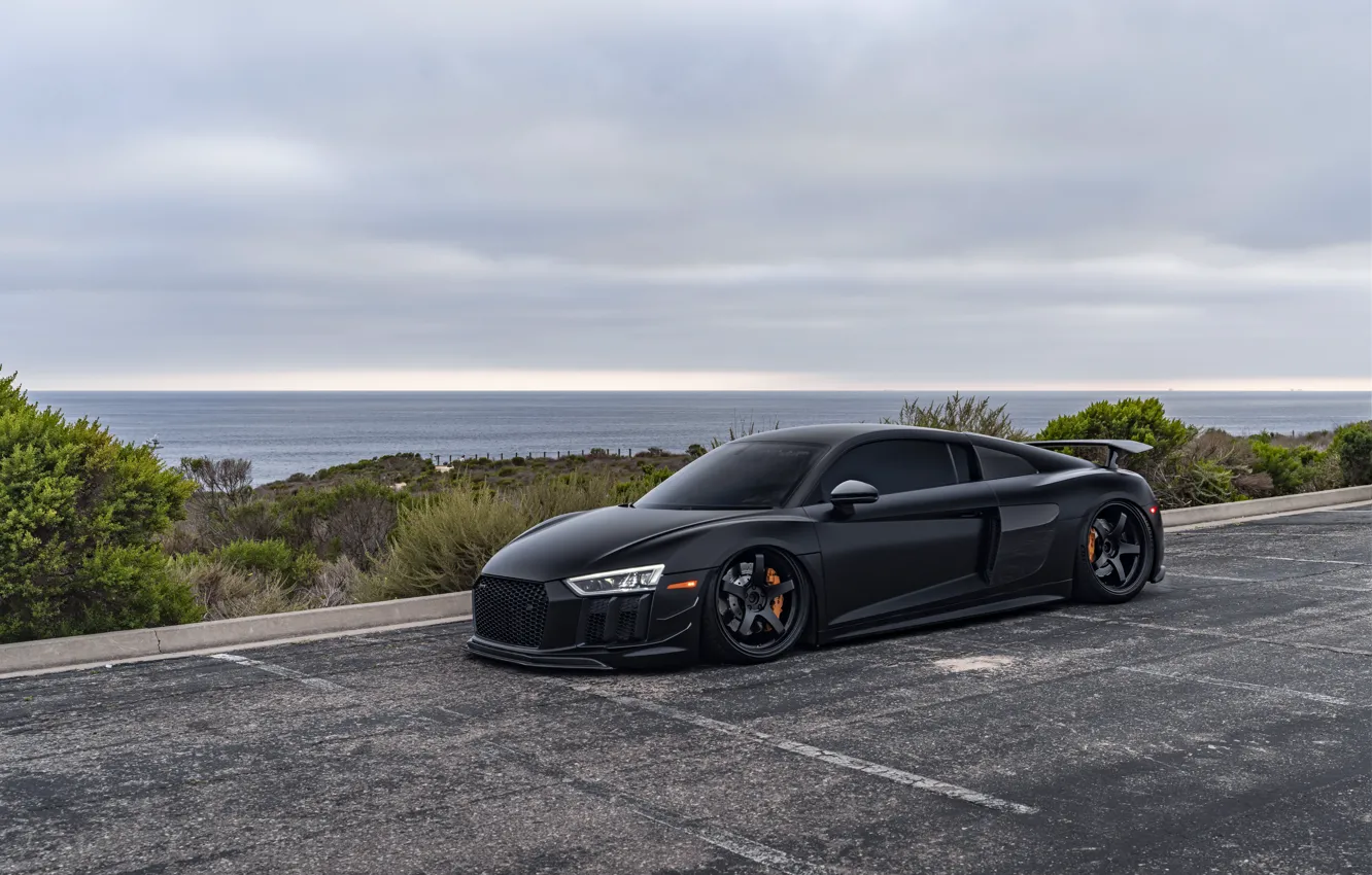 Photo wallpaper Audi, Audi R8, black, road, sea, Front, water, R8 V10