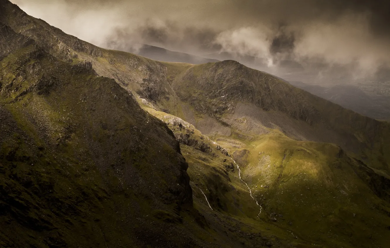 Photo wallpaper clouds, mountains, nature, tops, slope, river