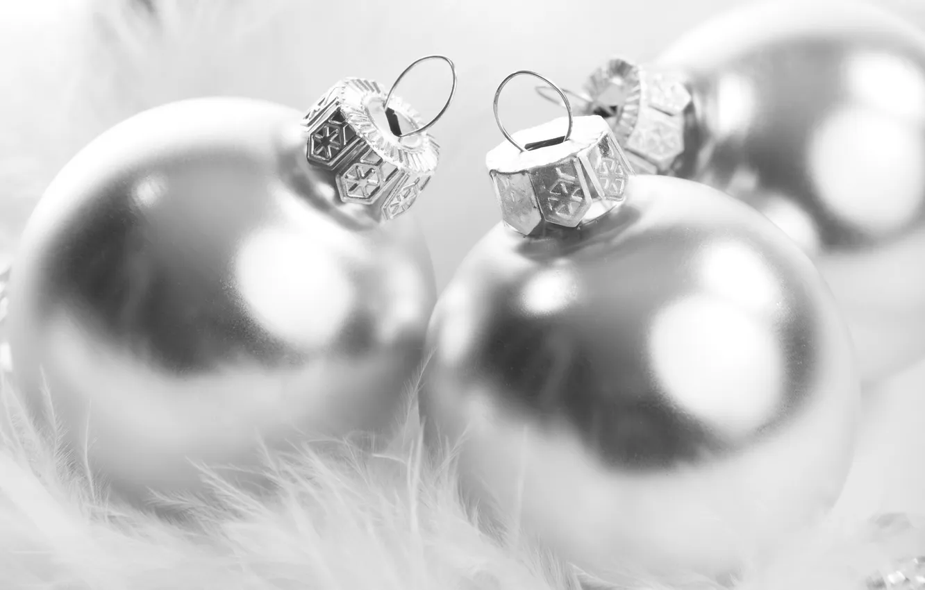 Photo wallpaper white, glare, holiday, balls, feathers, fluff, Silver