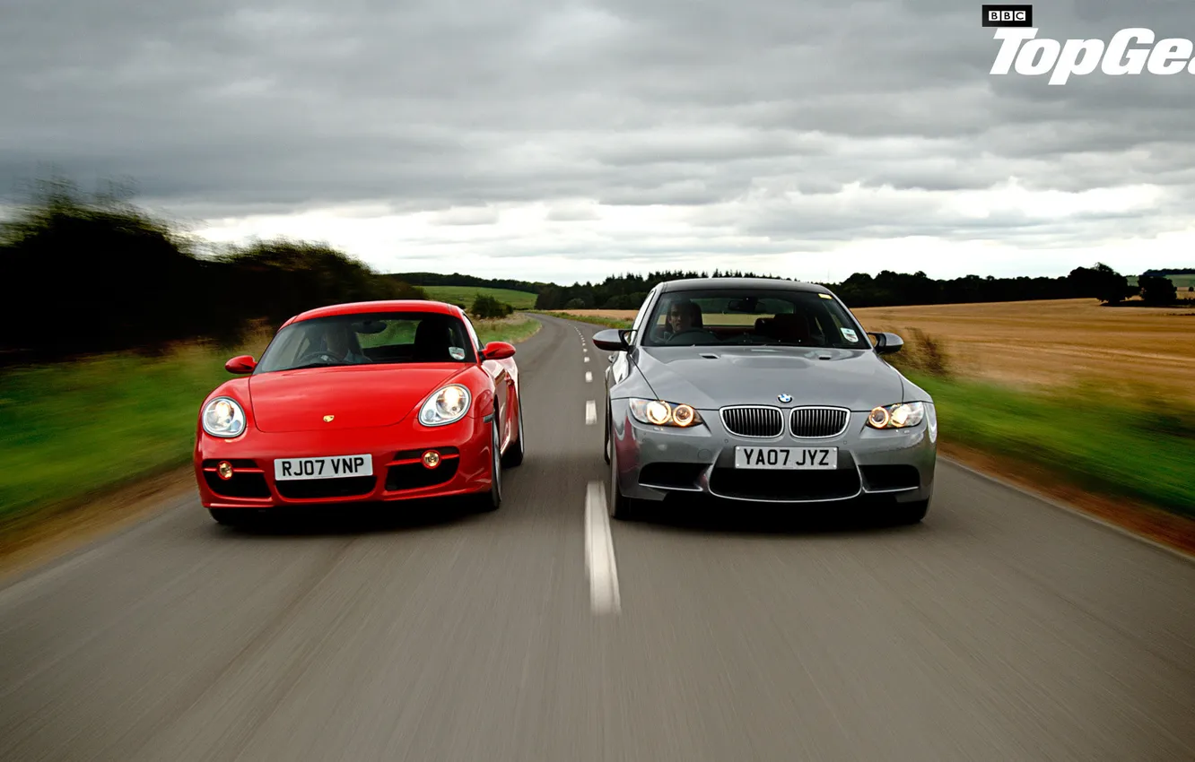 Photo wallpaper road, the sky, the inscription, BMW, Porsche, BMW, Cayman, Top Gear