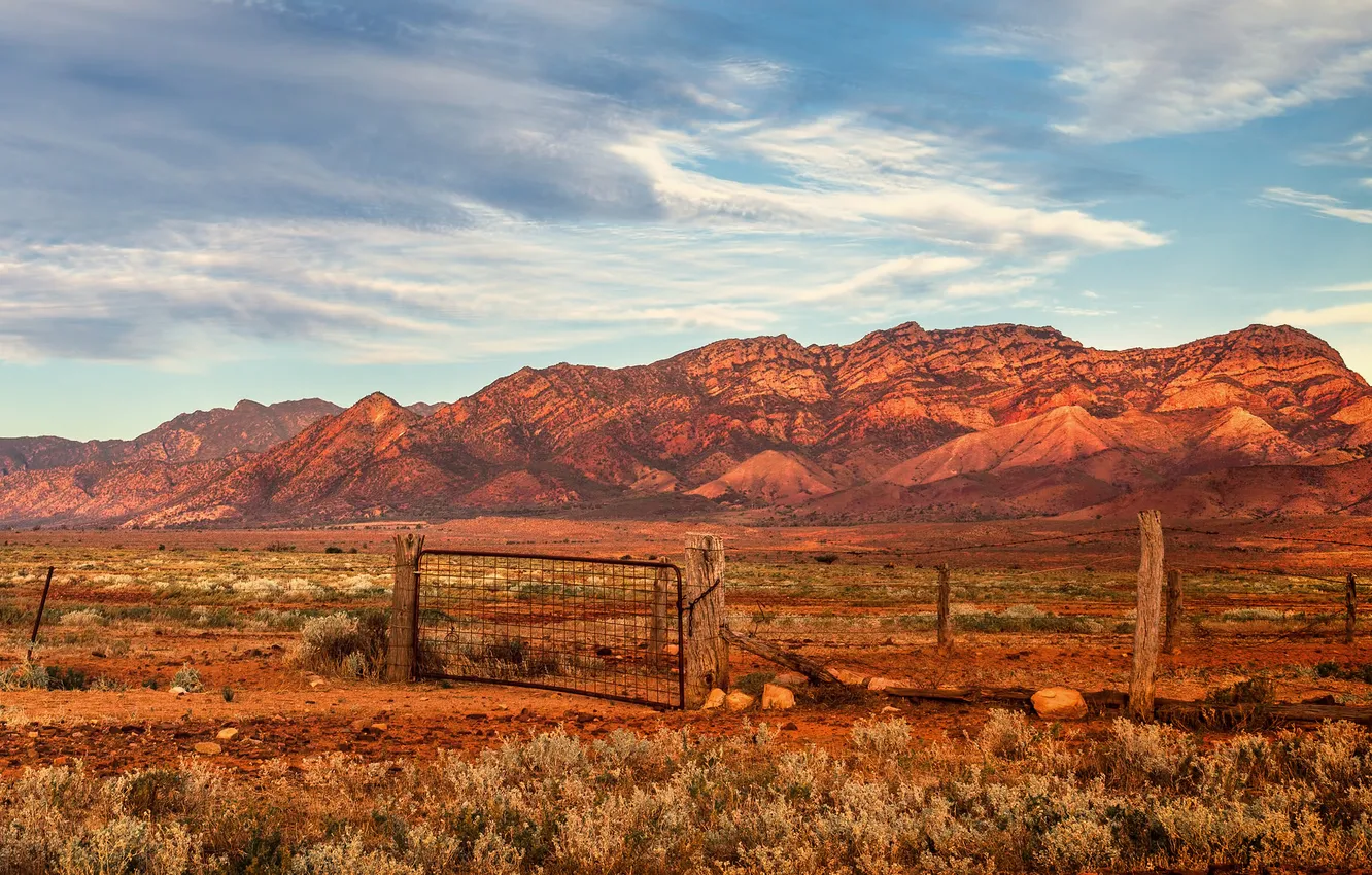 Photo wallpaper field, the sky, clouds, mountains, the fence, gate, hill, farm