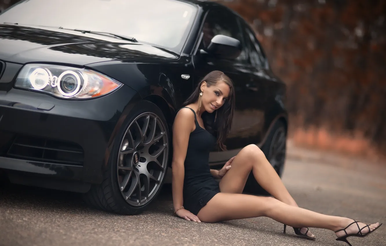 Photo wallpaper girl, BMW, dress, black car