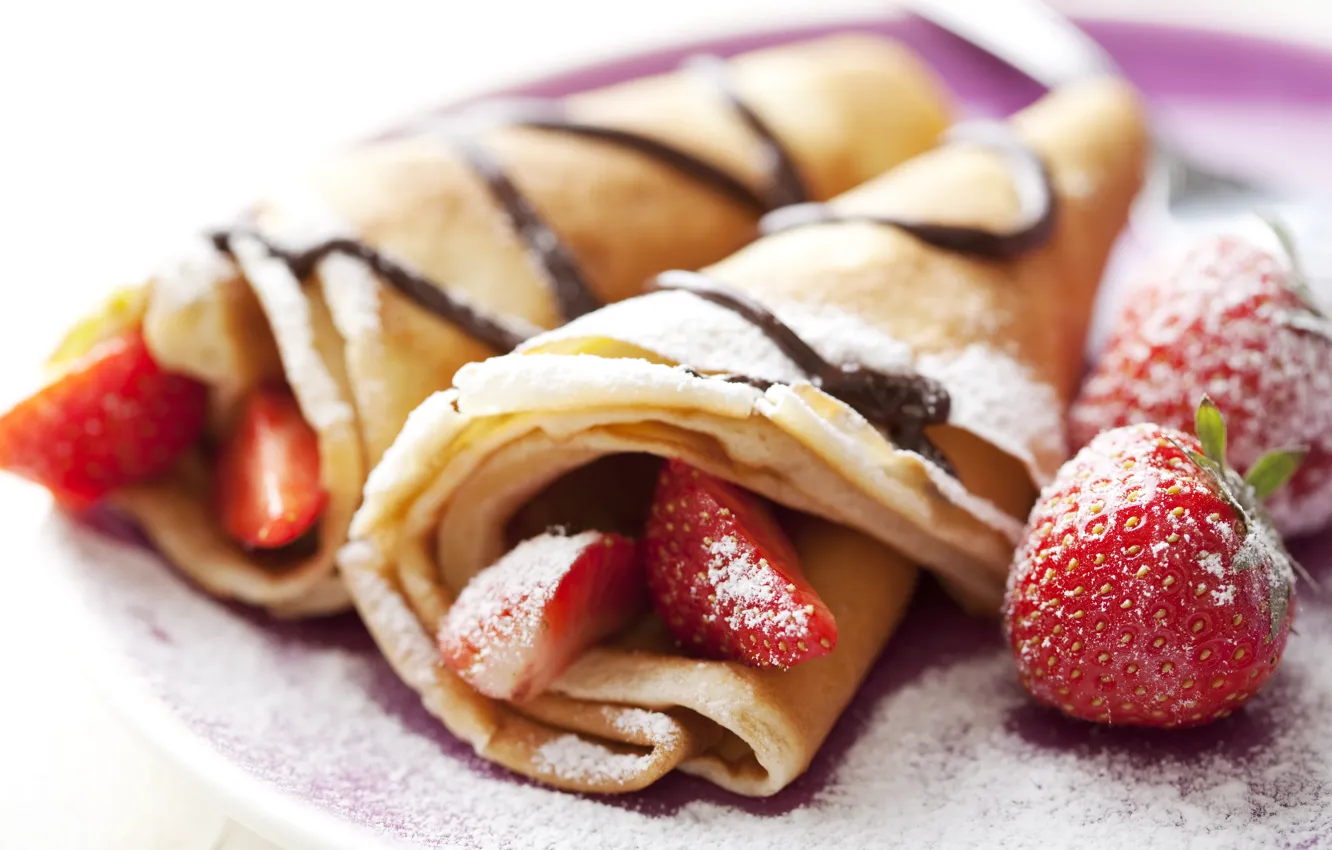 Photo wallpaper food, strawberry, pancakes, dessert, powdered sugar