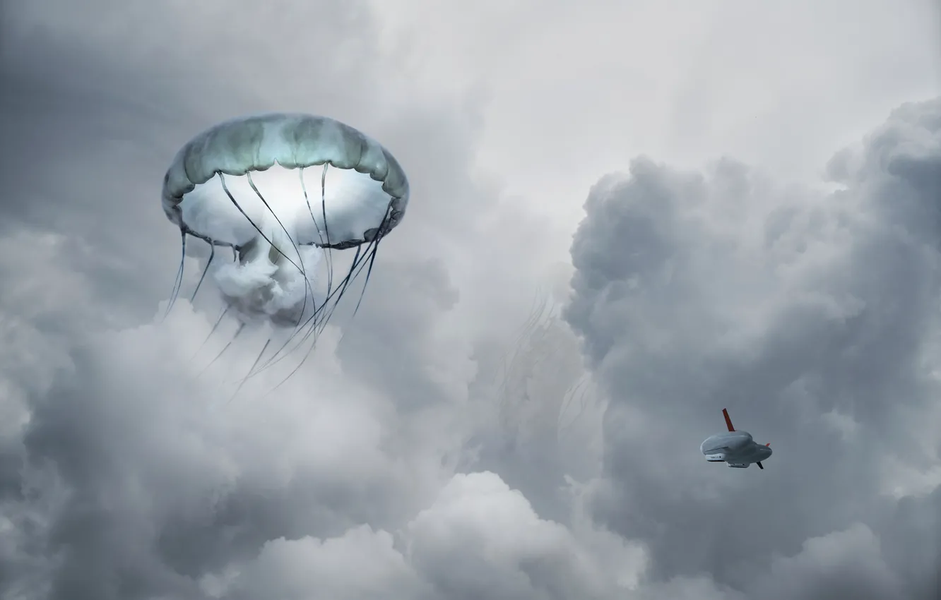 Photo wallpaper the sky, clouds, flight, fiction, ship, UFO, jellyfish, ballooning