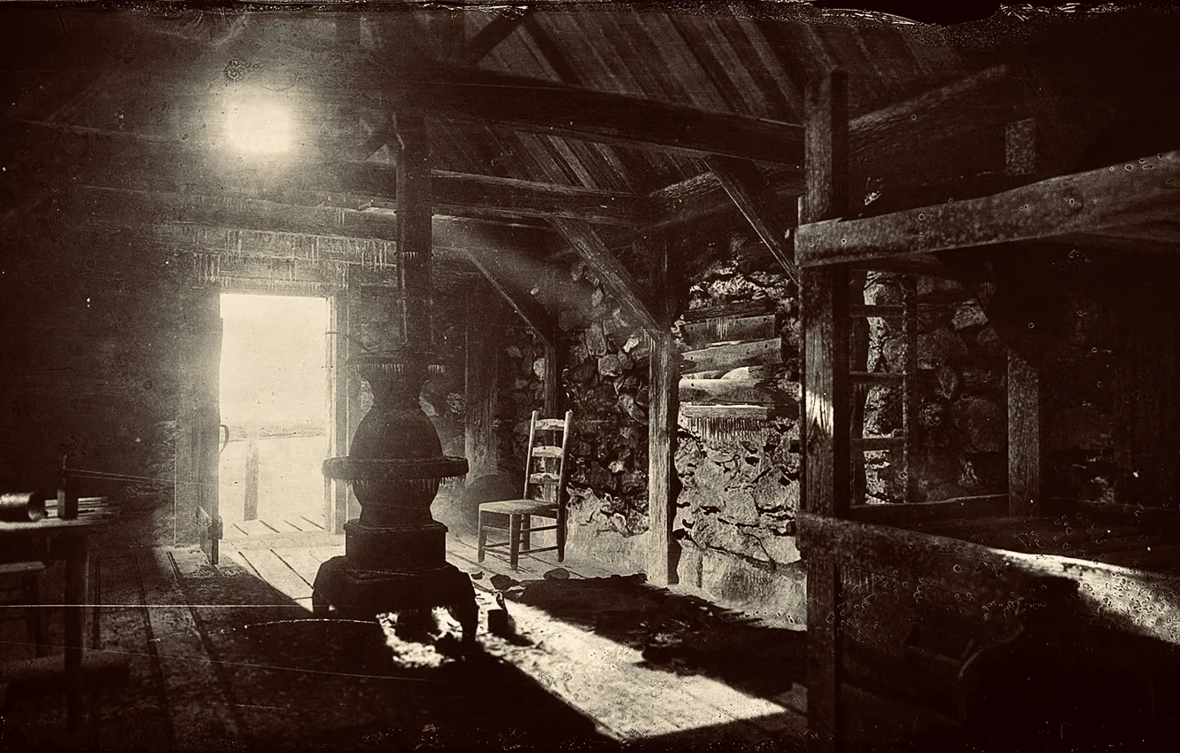 Photo wallpaper game, chair, table, sunlight, barn, Oven, Red Dead Redemption 2, XBox One X