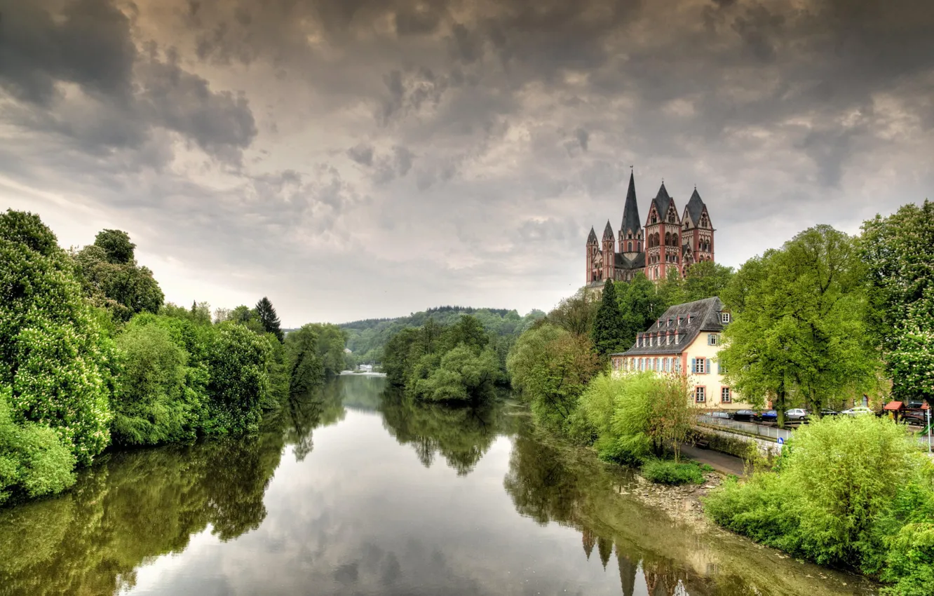 Photo wallpaper trees, castle, Germany, Cathedral, Germany, the urban landscape, Limburg, the Lena river