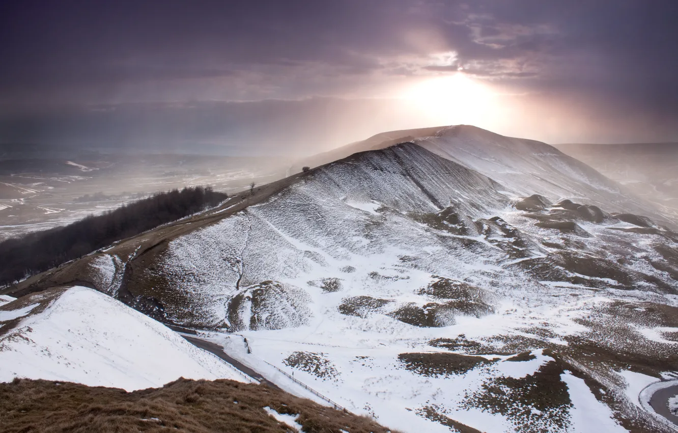 Photo wallpaper winter, the sky, the sun, snow, mountains, clouds, England