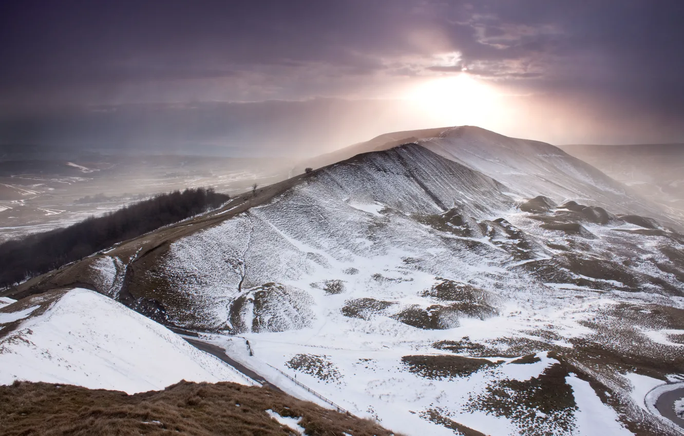 Photo wallpaper winter, the sky, the sun, snow, clouds, mountain, England