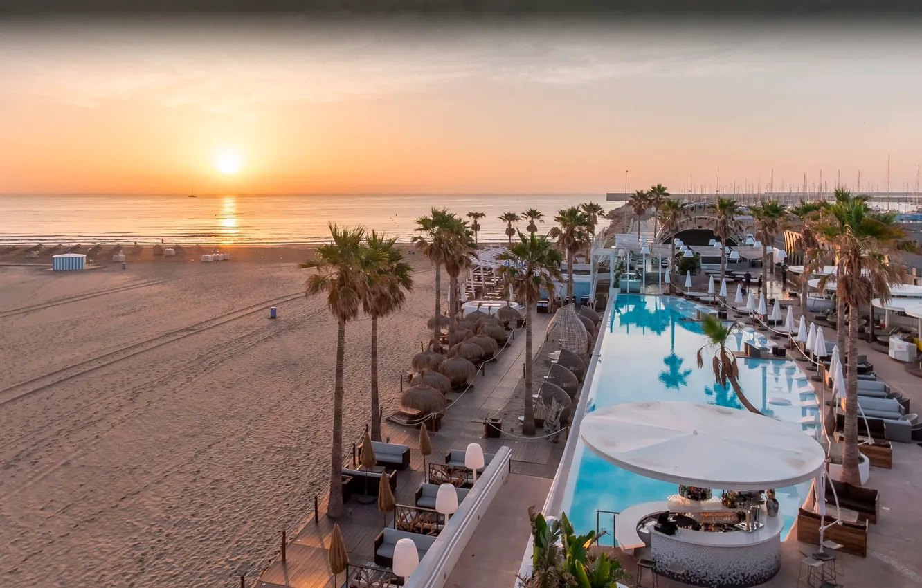 Photo wallpaper sea, sunset, palm trees, pool, the hotel, Spain, Valencia, Marina Beach Club