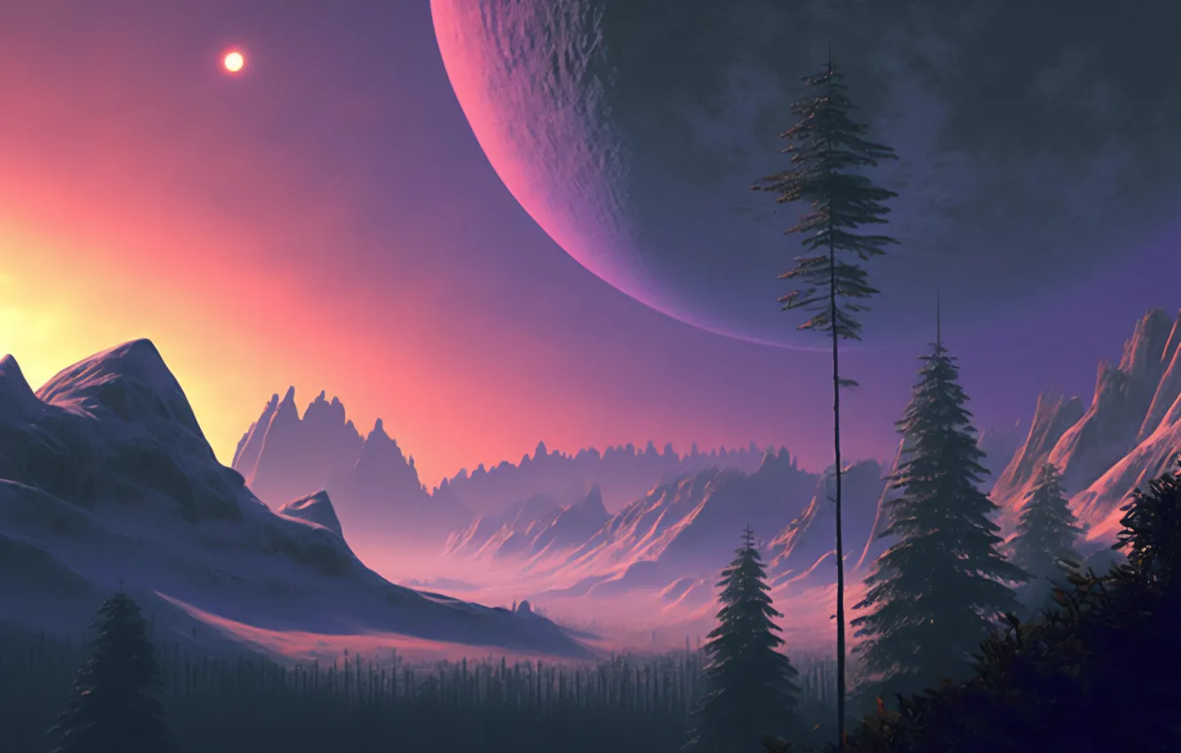 Photo wallpaper trees, dawn, The moon, moon, trees, dawn, illustration, alien planet