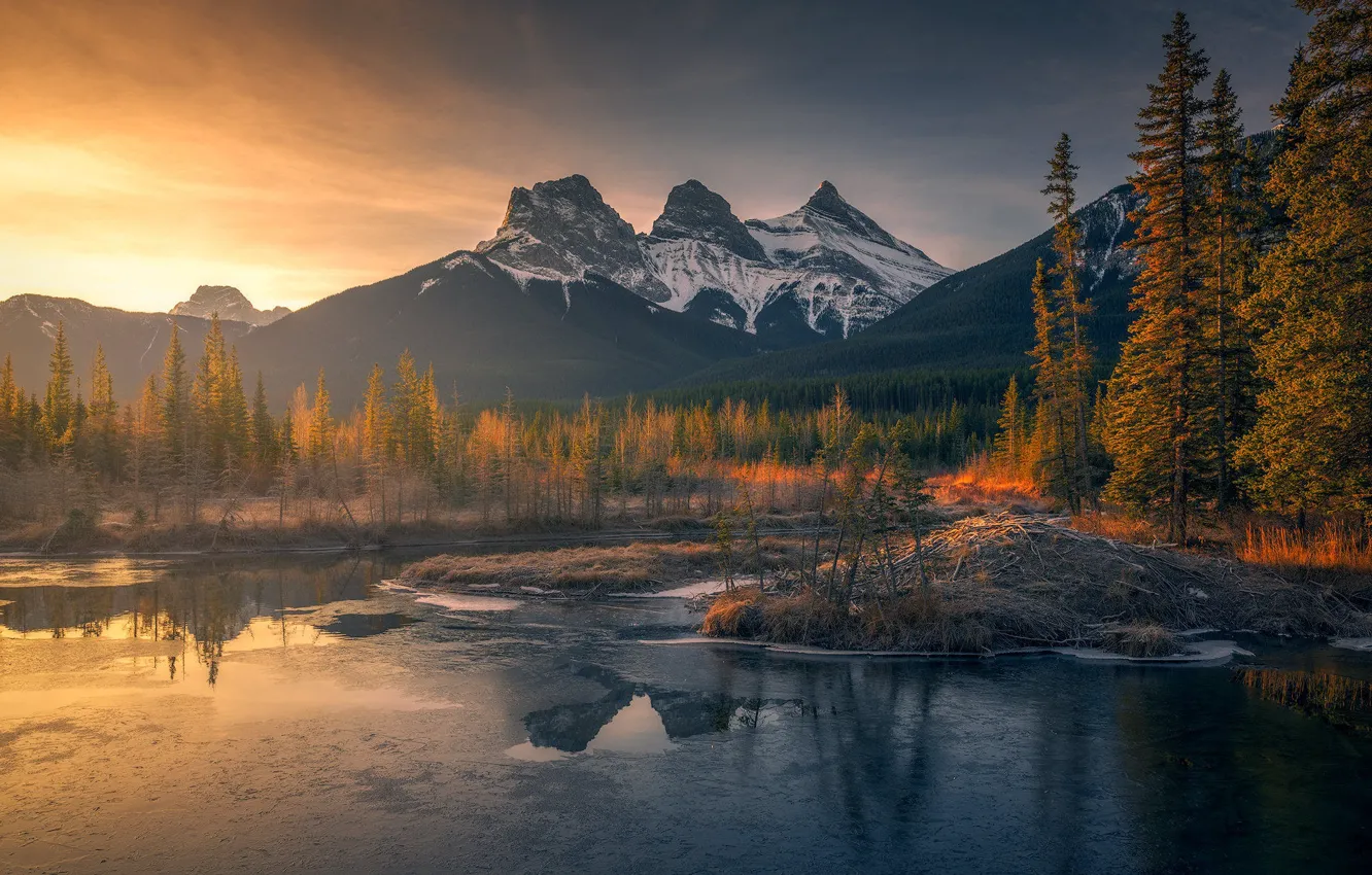Photo wallpaper autumn, forest, mountains, reflection, shore, tops, Alps, pond