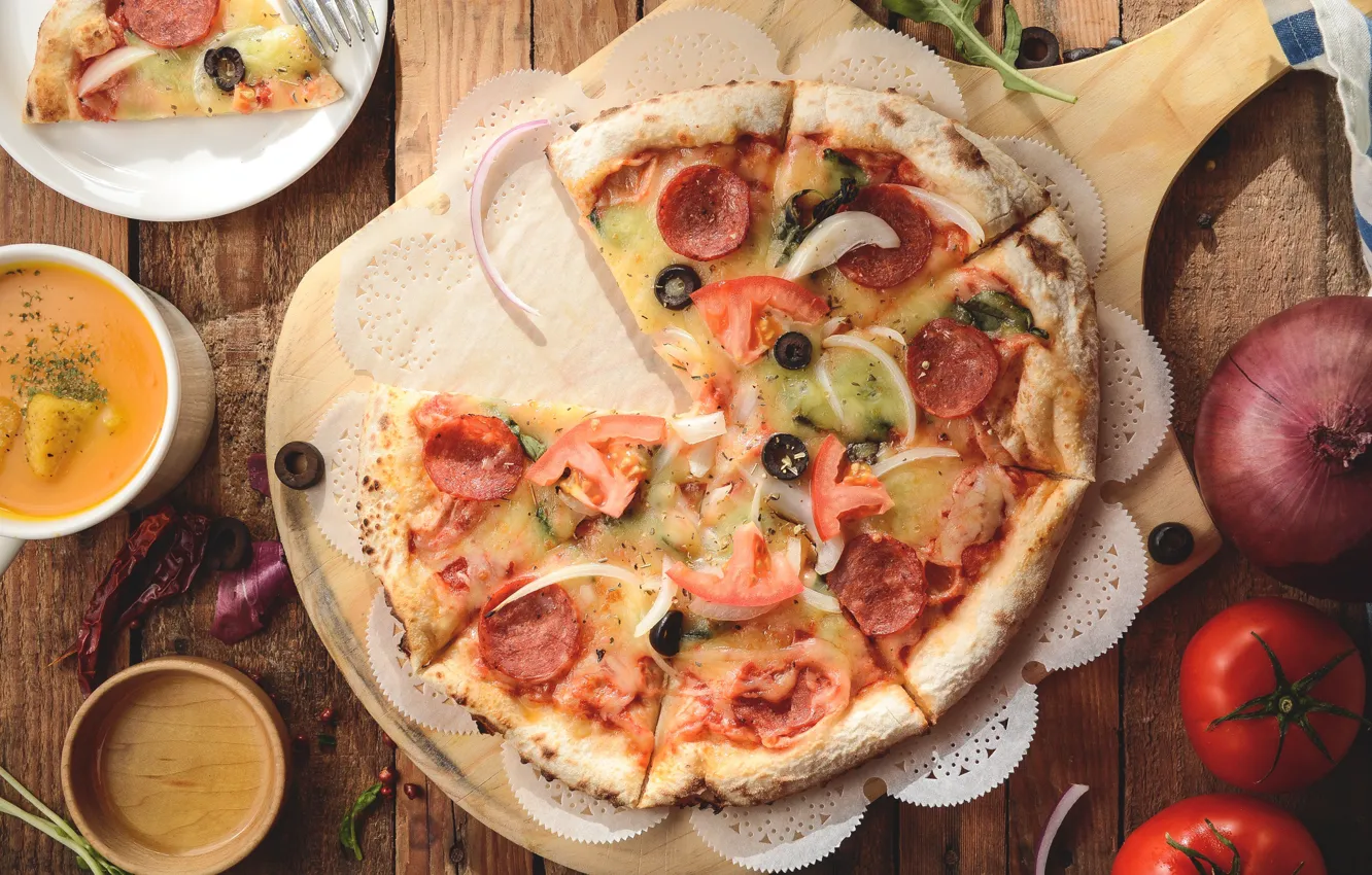 Photo wallpaper cheese, bow, pizza, tomato, sausage, filling