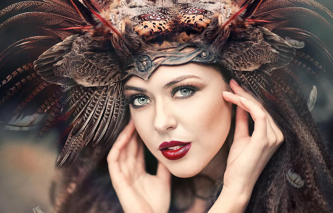 Photo wallpaper look, girl, decoration, face, style, portrait, feathers, hands