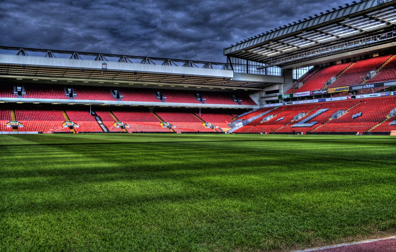 Photo wallpaper the sky, clouds, lawn, football, sport, England, sky, tribune