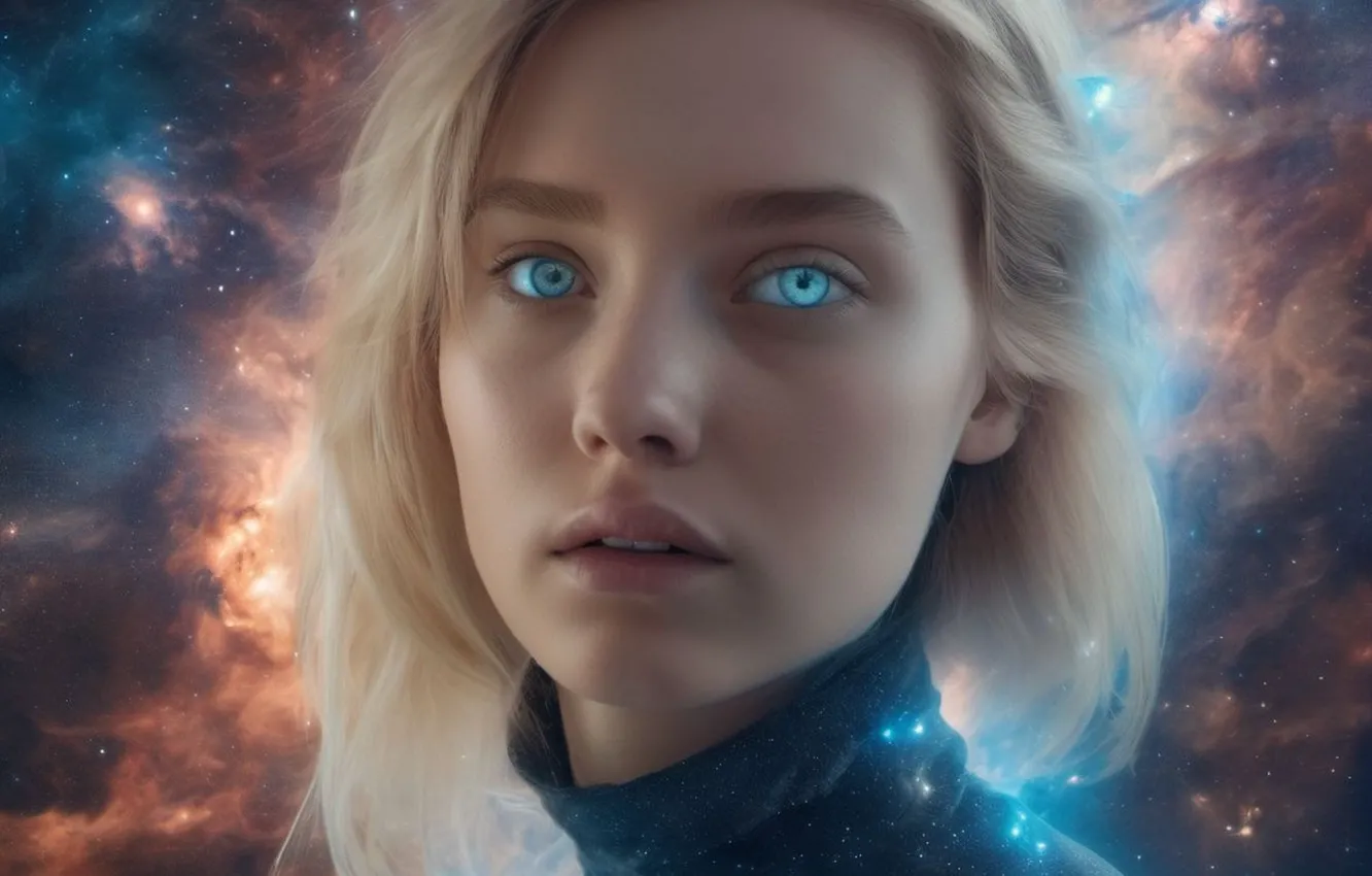 Photo wallpaper dream, girl, space, the universe, beautiful, blue eyes, digital art, digital art