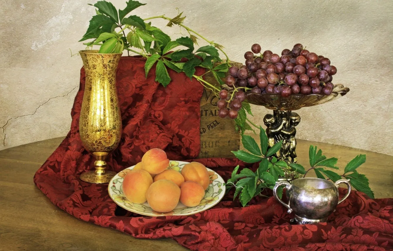 Photo wallpaper green, leaves, grapes, Still life, apricots, golden pitcher, silver bowl