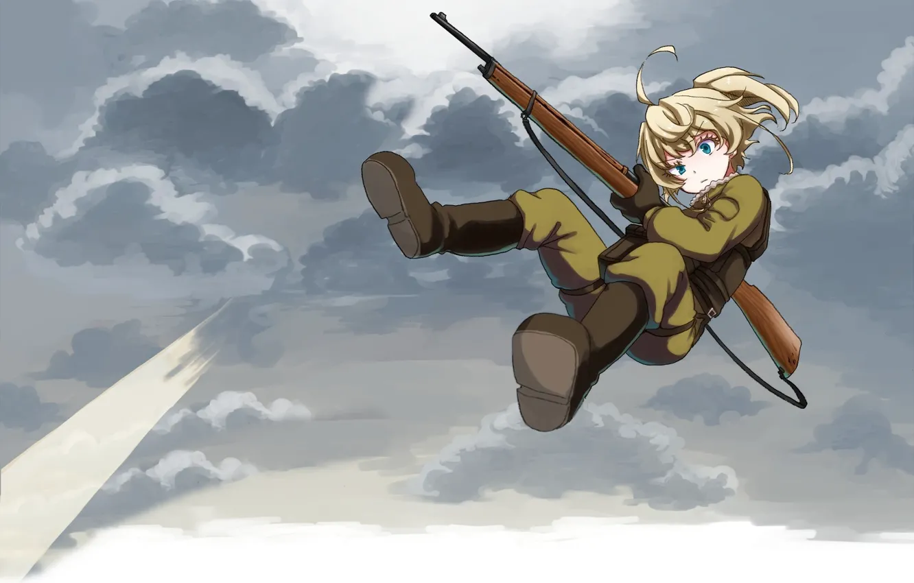 Photo wallpaper girl, gun, soldier, sky, military, weapon, war, anime
