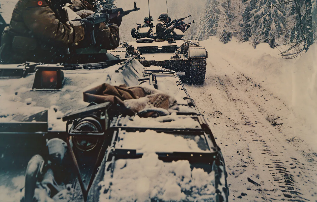Photo wallpaper winter, road, snow, soldiers, tank, digital art, AI art, The Art of Artificial Intelligence