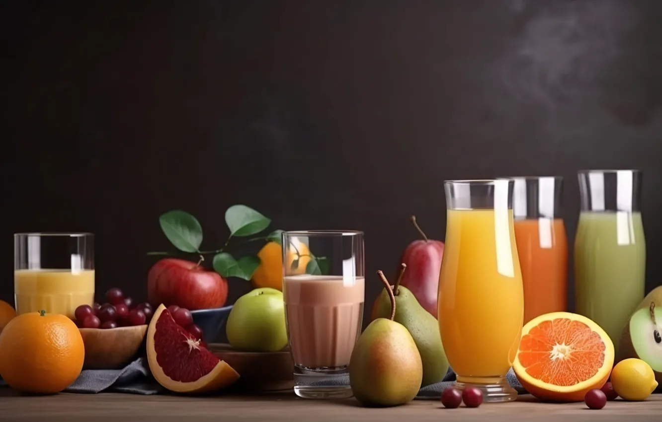 Photo wallpaper glass, glass, juice, fruit, different, cuts, fruit, digital art