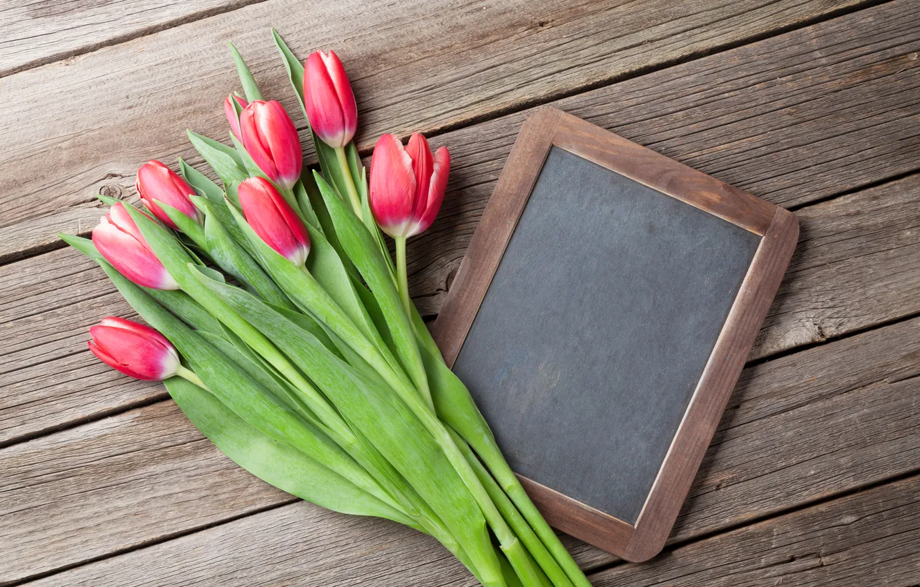Photo wallpaper flowers, bouquet, tulips, red, wood, flowers, tulips, postcard
