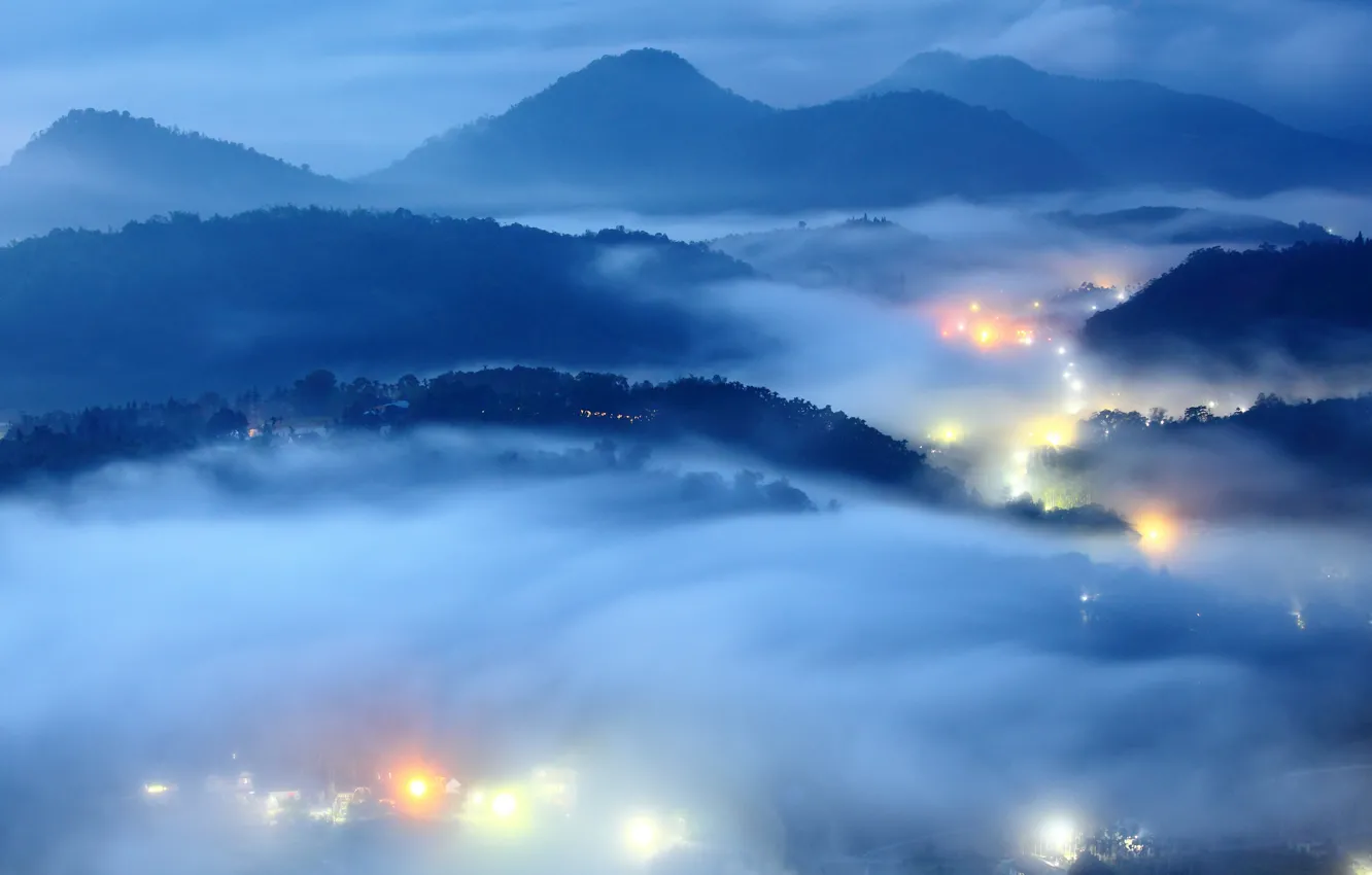 Photo wallpaper lights, fog, the evening, morning, valley