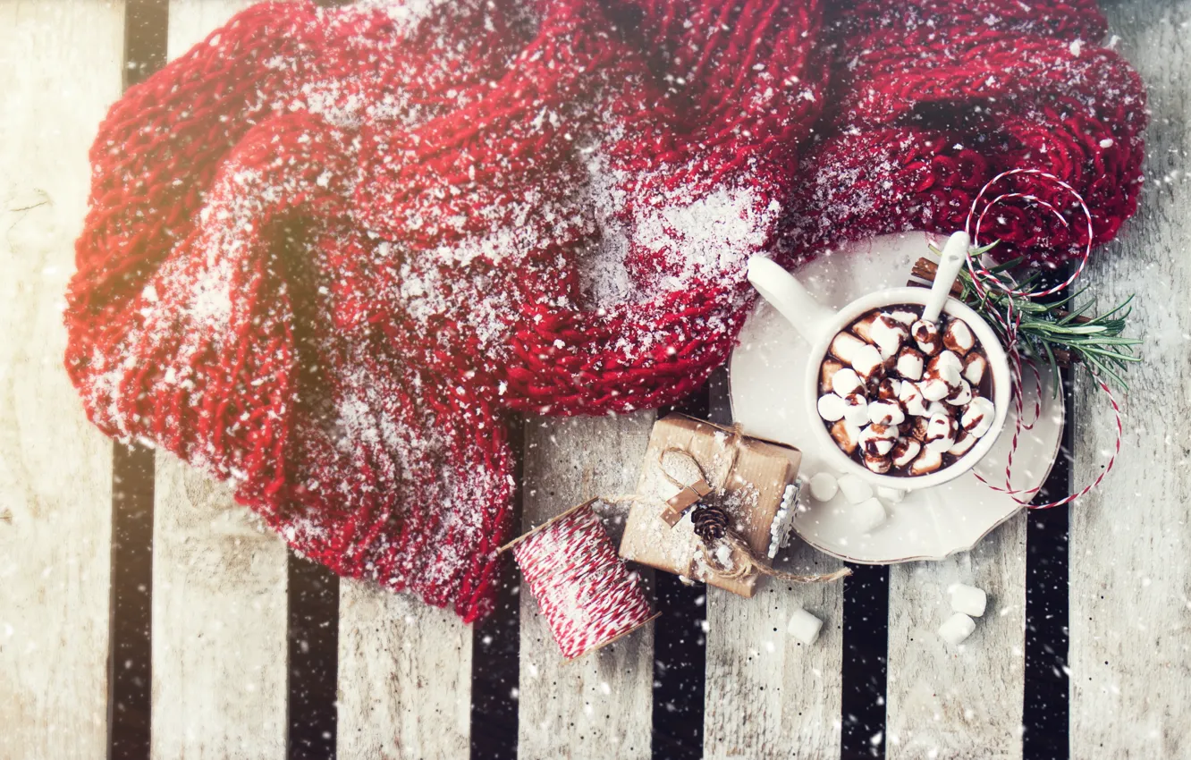 Photo wallpaper winter, snow, hot, chocolate, scarf, wood, decor, marshmallows
