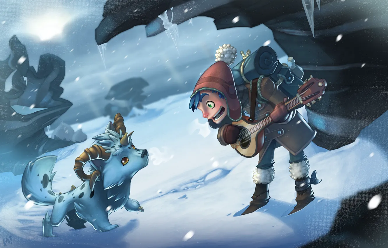 Photo wallpaper winter, snow, hat, boy, icicles, animal, Blizzard, backpack