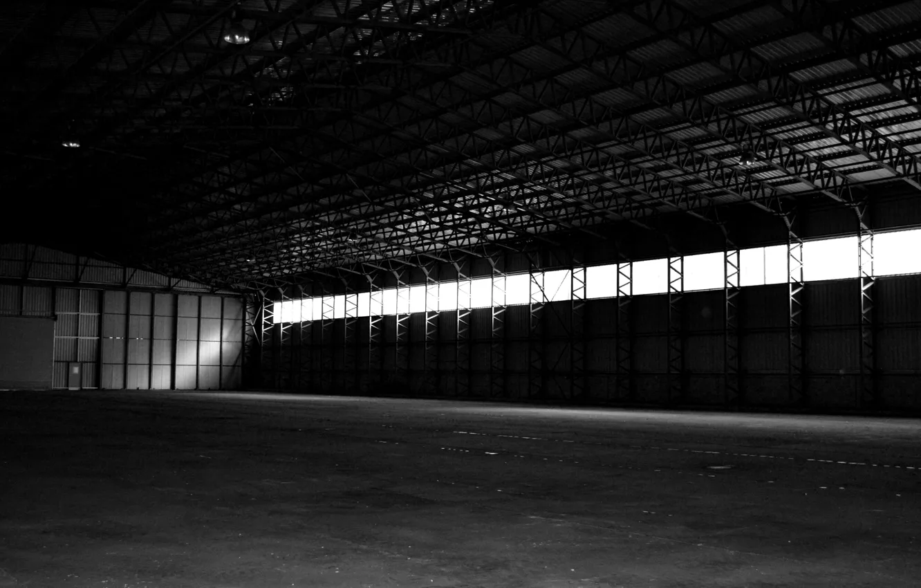 Photo wallpaper Windows, hangar, black and white, architecture, monochrome