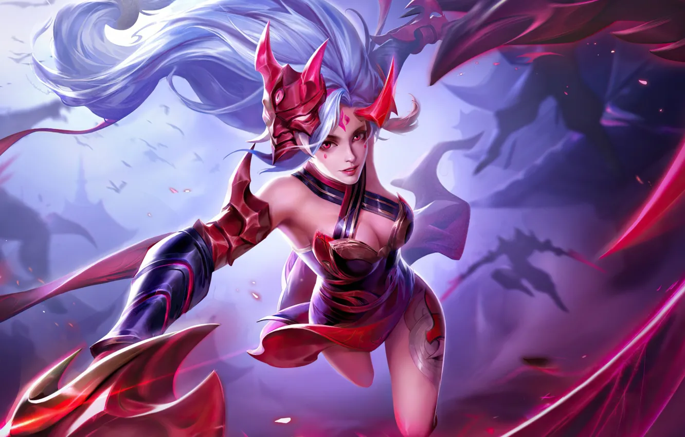 Photo wallpaper flight, weapons, battle, arena, blue hair, beautiful girl, mob, online