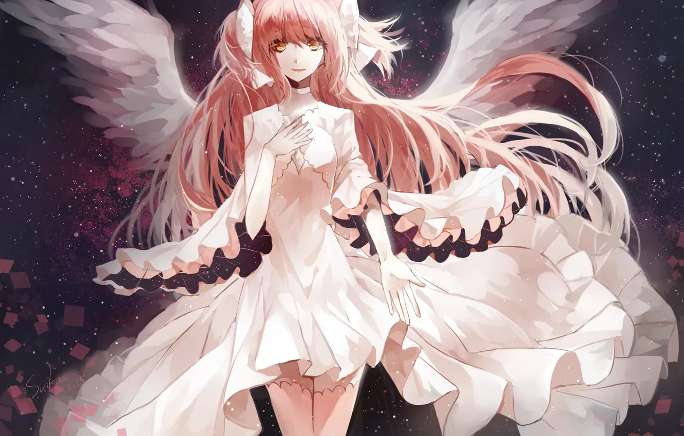 Photo wallpaper girl, smile, wings, anime, art, mahou shoujo madoka magica, madoka kaname, Girl Madoka