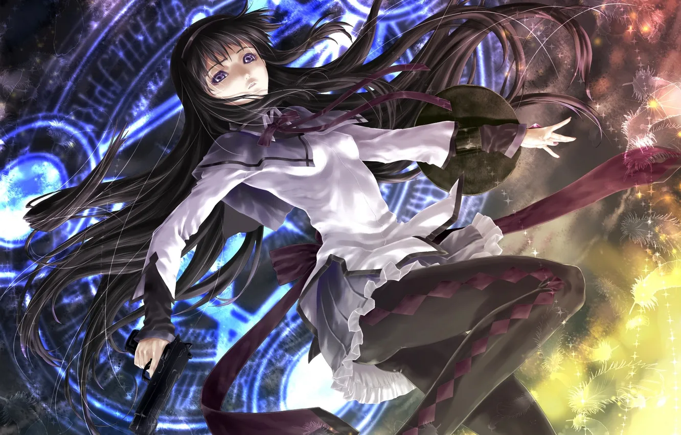 Photo wallpaper girl, weapons, anime, art, shield, mahou shoujo madoka magica, homura akemi, pandaraion