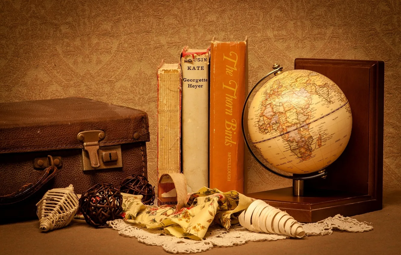 Photo wallpaper books, suitcase, globe