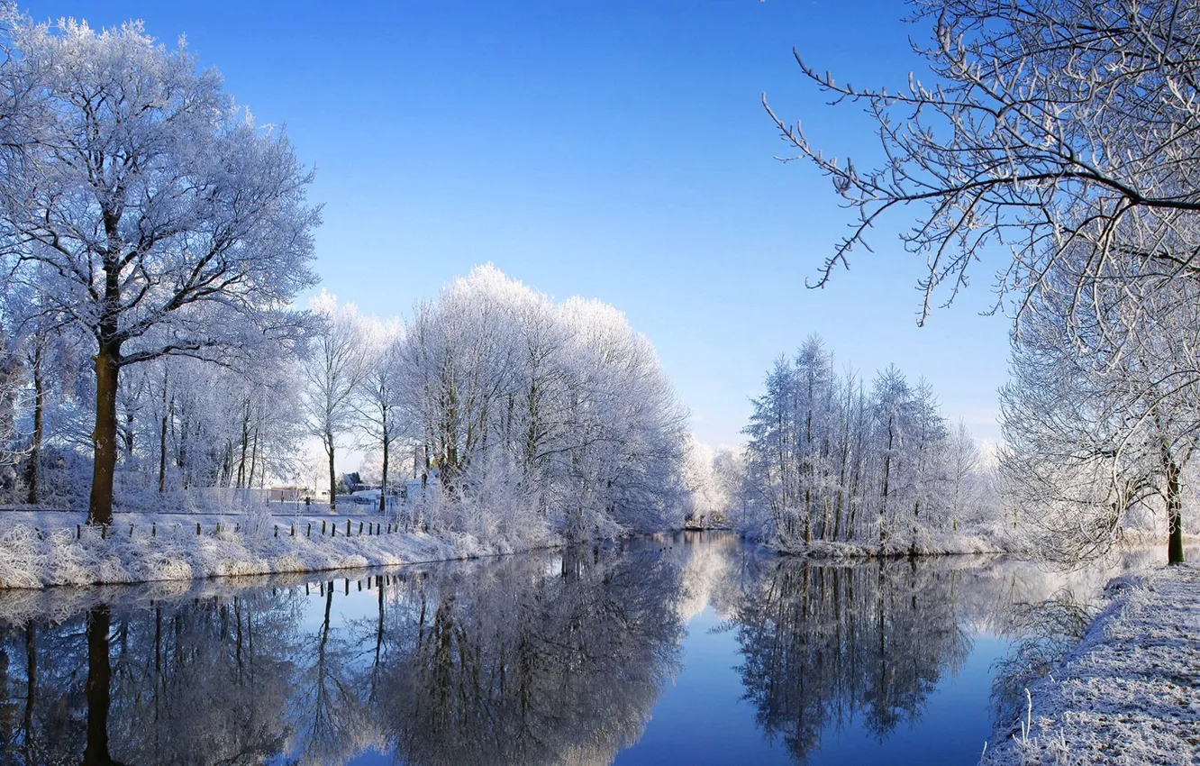 Photo wallpaper winter, the sky, water, clouds, snow, trees, reflection, river