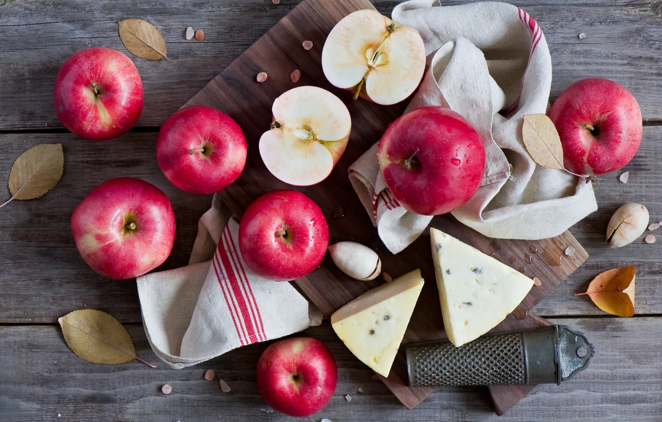 Photo wallpaper leaves, apples, cheese, red