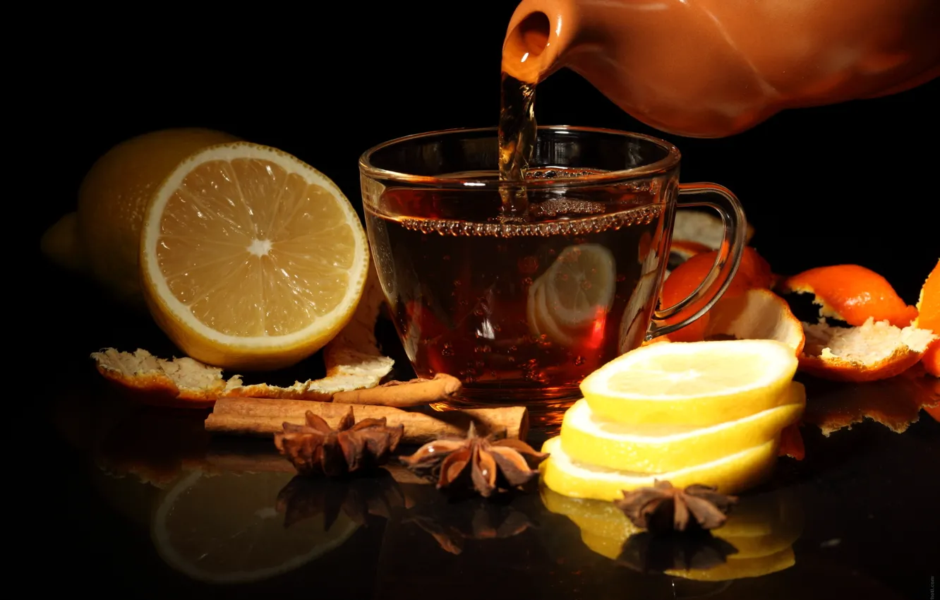 Photo wallpaper lemon, tea, Cup, cinnamon, peel