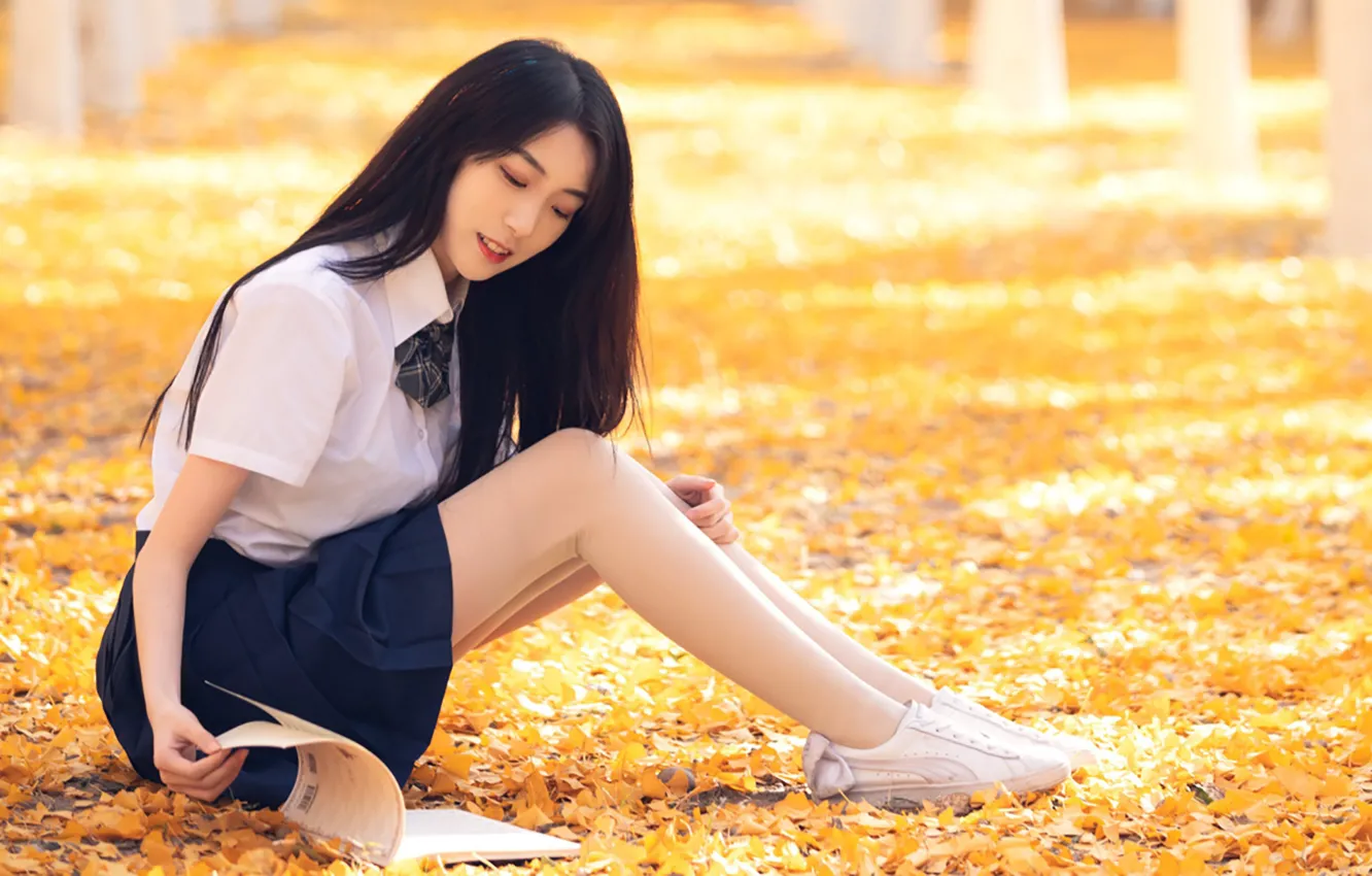 Wallpaper girl, park, autumn, model, asian, cute, skirt images for ...