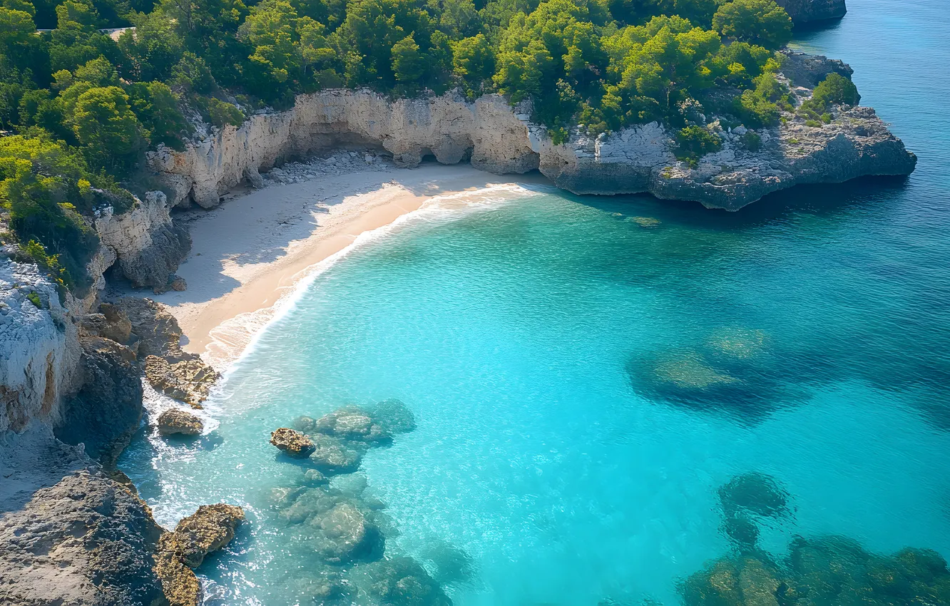 Photo wallpaper sea, beach, summer, stones, the ocean, rocks, shore, vegetation