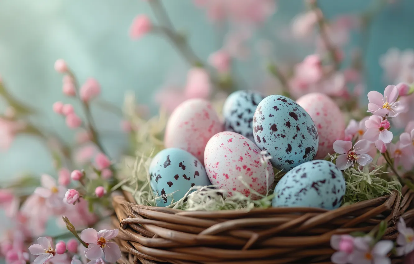 Photo wallpaper flowers, branches, holiday, blue, eggs, spring, Easter, pink