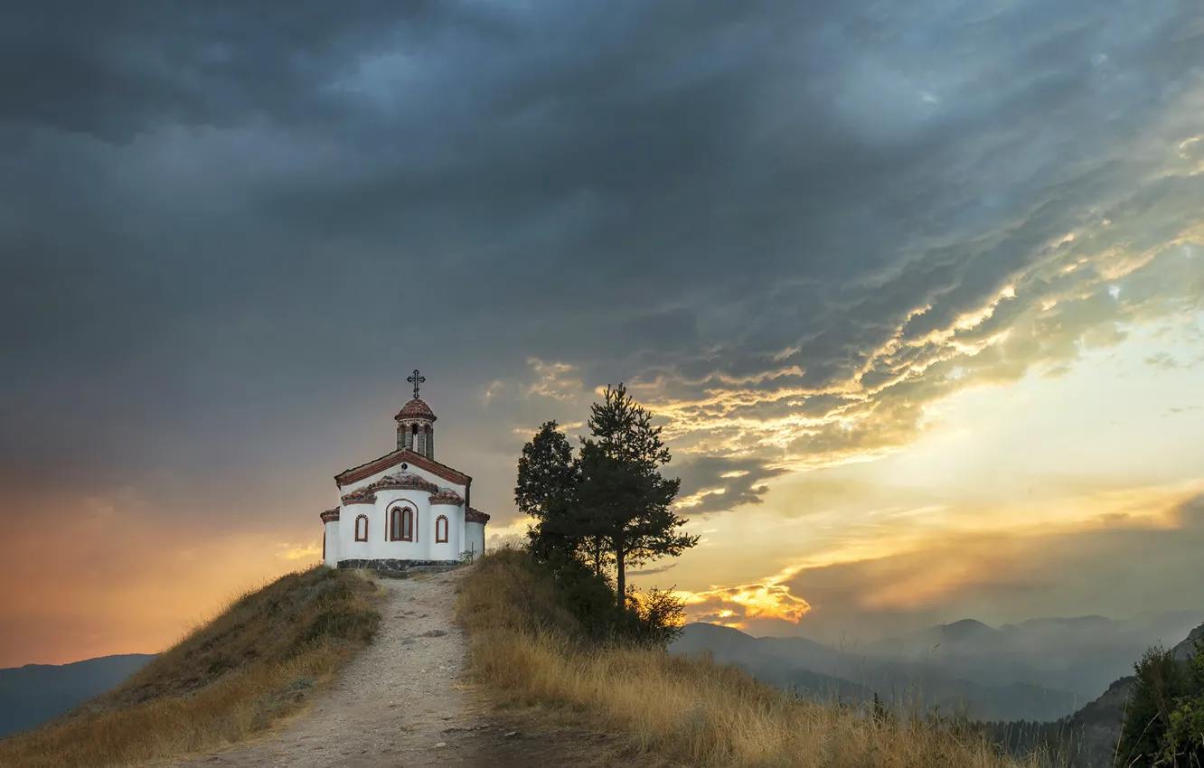 Photo wallpaper landscape, sunset, nature, tree, hill, track, chapel, Bulgaria