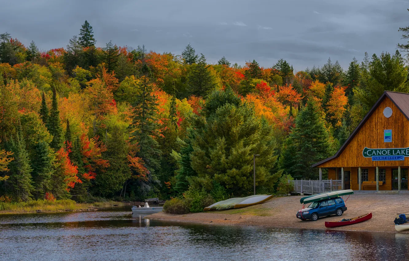 Photo wallpaper auto, autumn, forest, trees, machine, lake, shore, boats