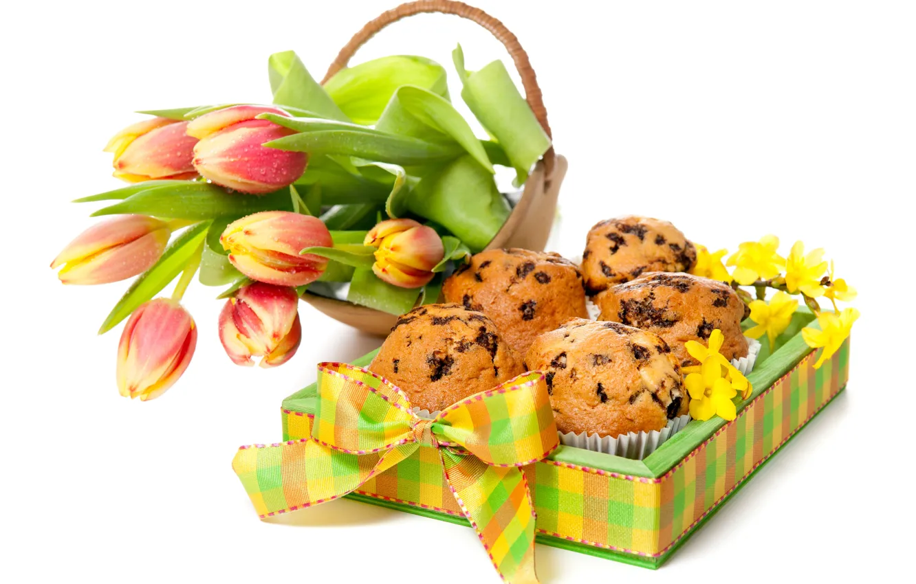 Photo wallpaper box, bouquet, tulips, cakes, cupcakes, raisins, Anya Ivanova
