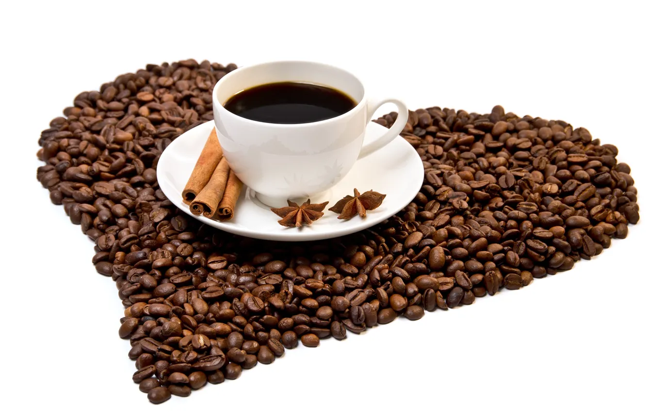 Photo wallpaper heart, coffee, grain, Cup, cinnamon