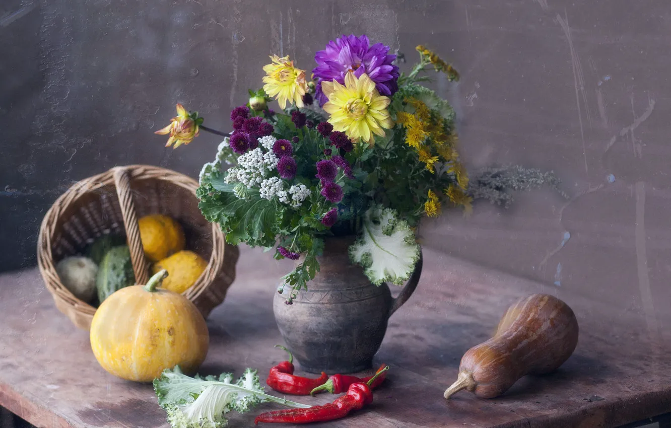 Photo wallpaper flowers, pumpkin, pepper, still life