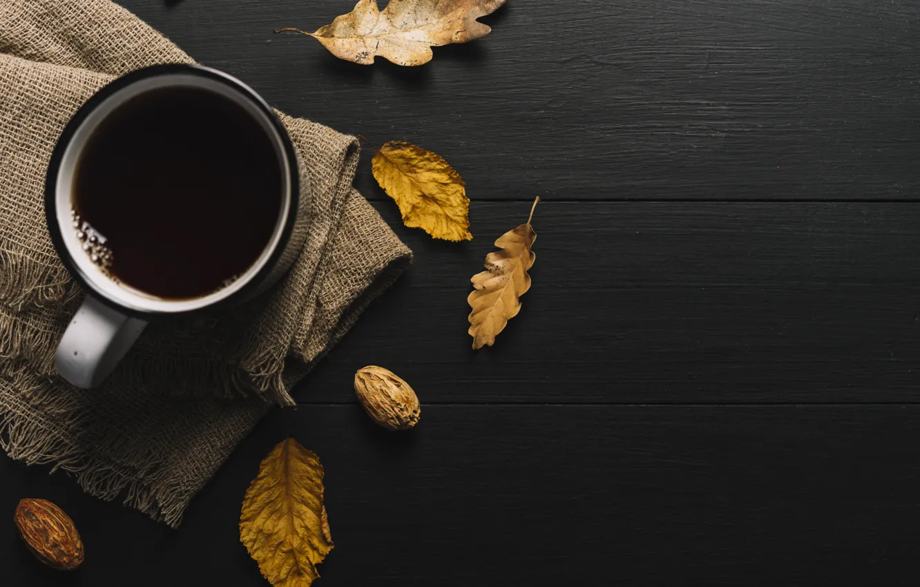 Photo wallpaper autumn, leaves, background, tree, coffee, colorful, mug, Cup