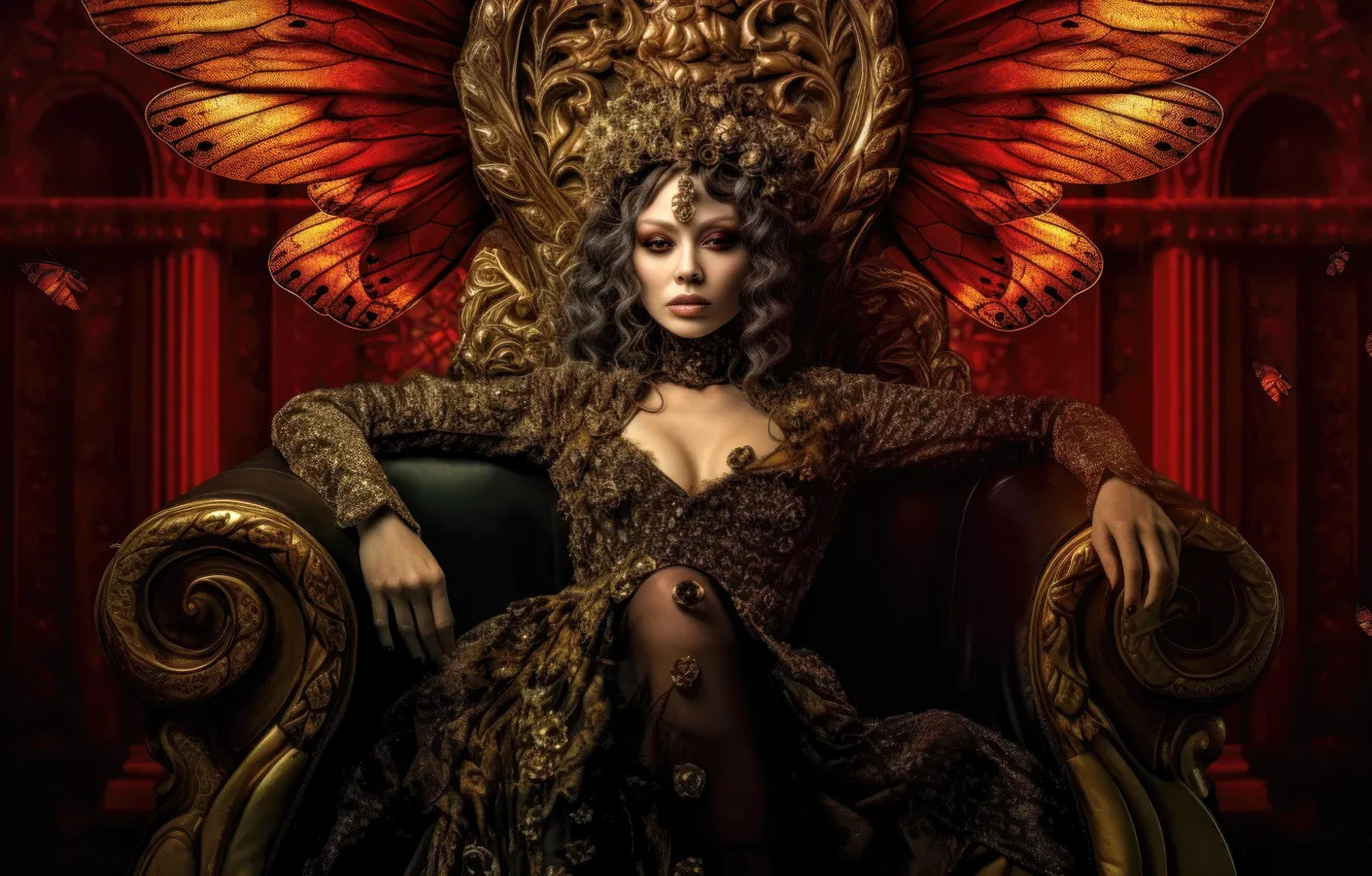 Photo wallpaper girl, face, pose, rendering, feet, portrait, wings, chair