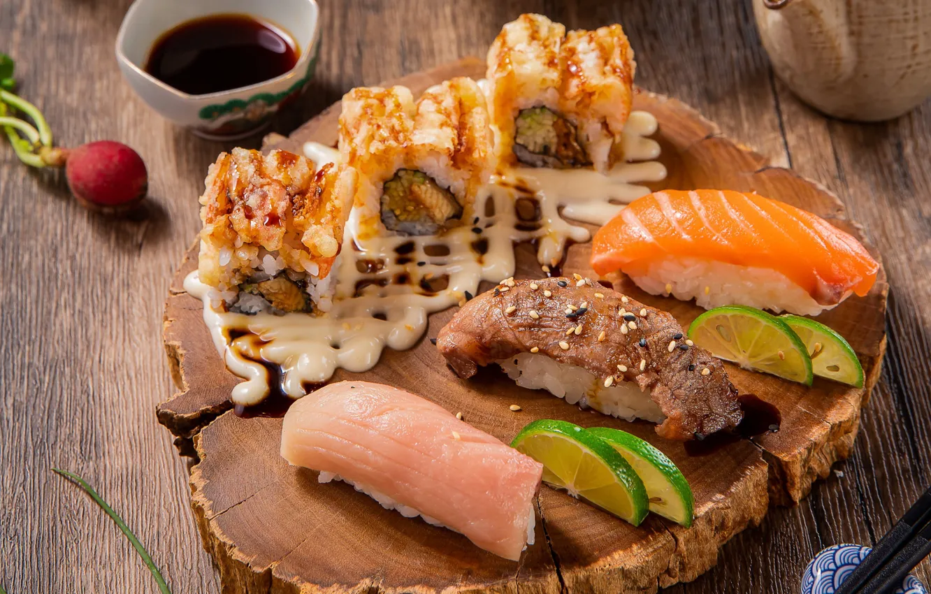 Photo wallpaper lime, sauce, sushi, cuts