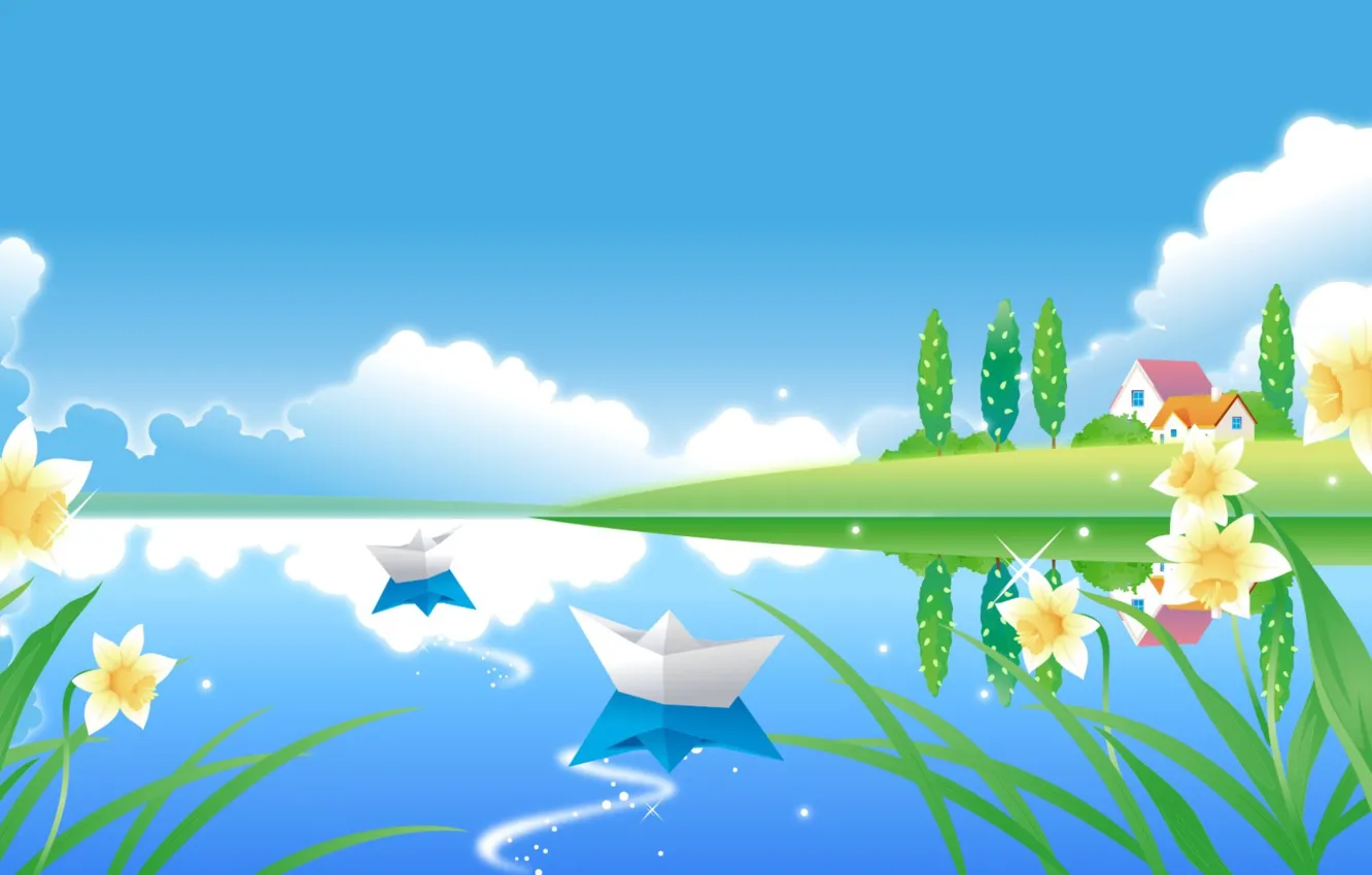 Photo wallpaper summer, shore, boat, pond, Clipart, vector graphics