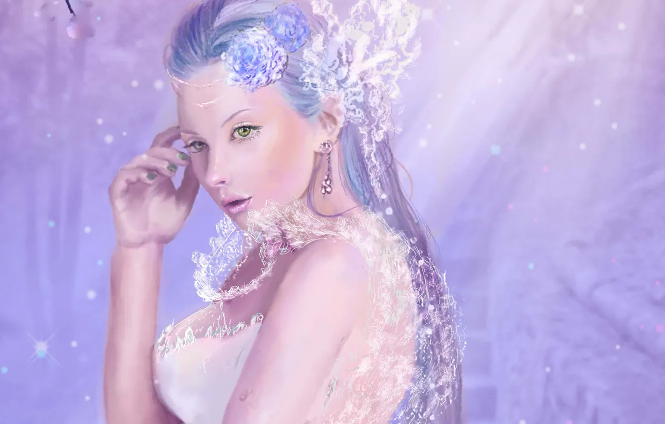 Photo wallpaper white, girl, flowers, hands, dress, art