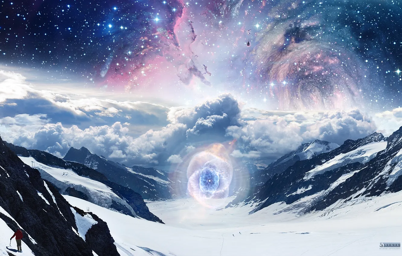 Photo wallpaper the sky, stars, clouds, light, snow, mountains, clouds, people