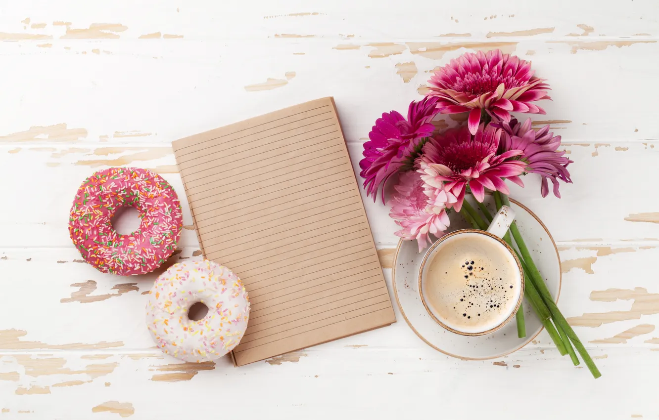 Photo wallpaper flowers, donuts, gerbera, wood, pink, flowers, coffee cup, good morning